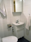 Kylpyhuoneessa on säilytystilaa sekä suihkuseinällä varustettu peseytymistila.